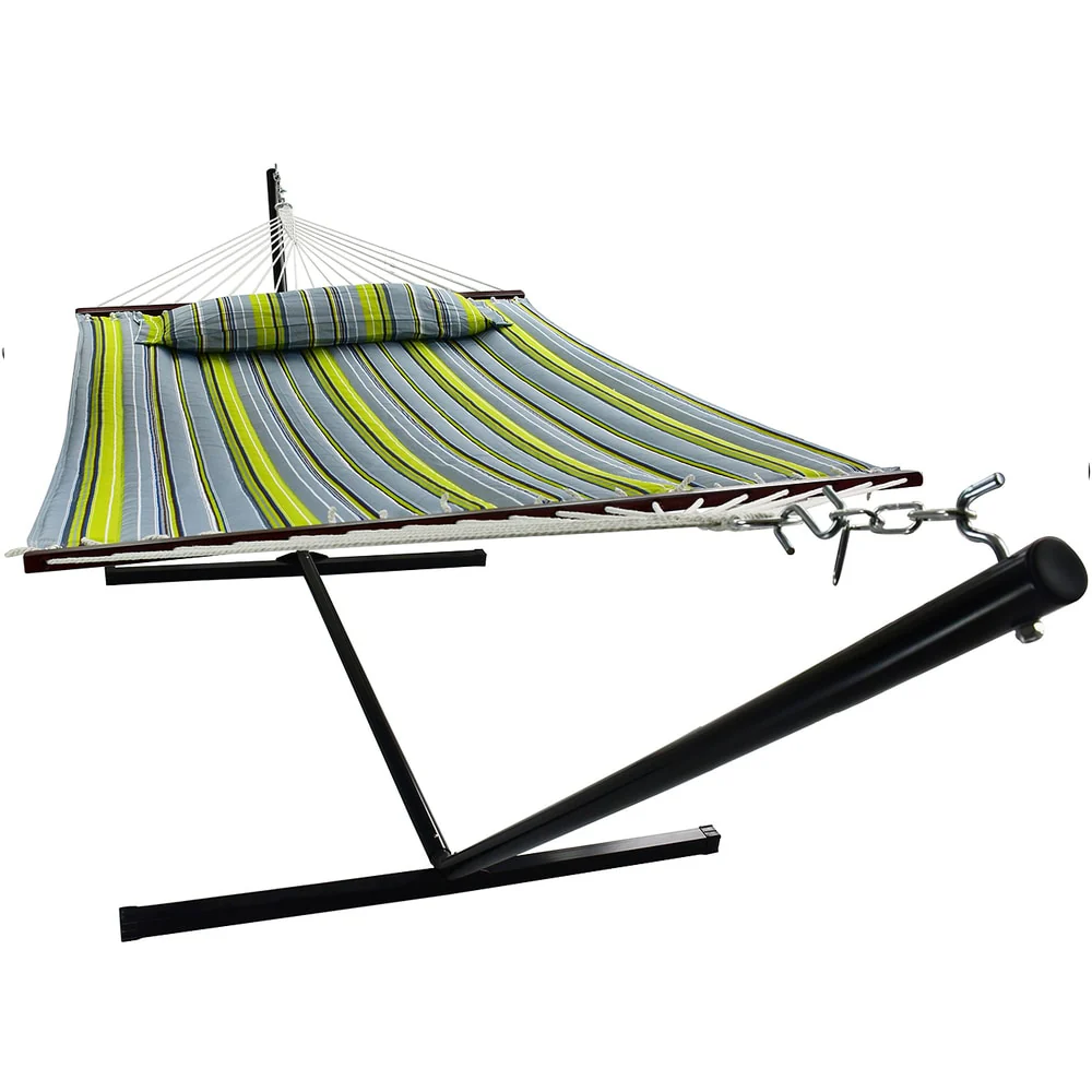 Hammock with Stand & Spreader Bars and Detachable Pillow, Heavy Duty, 450 Pound Capacity for Indoor/Outdoor (Green/Blue)