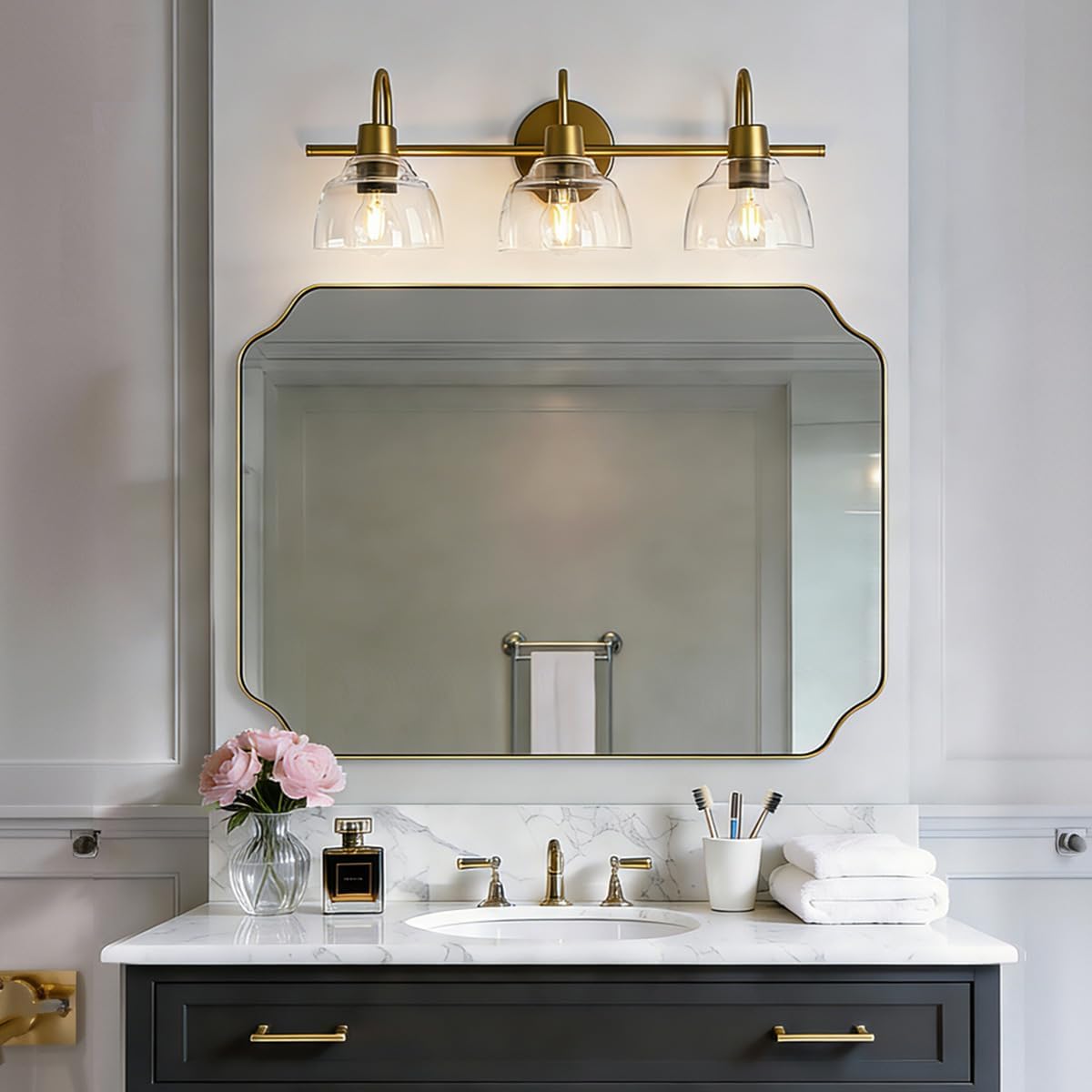 Gold Bathroom Mirror 30x40 Inch, Scalloped Brass Mirrors for Bathroom Sink, Notched Corner Rectangle Mirror in 1’’ Stainless Steel Metal Frame Home Remodel Wall Mount Vertical/Horizontal