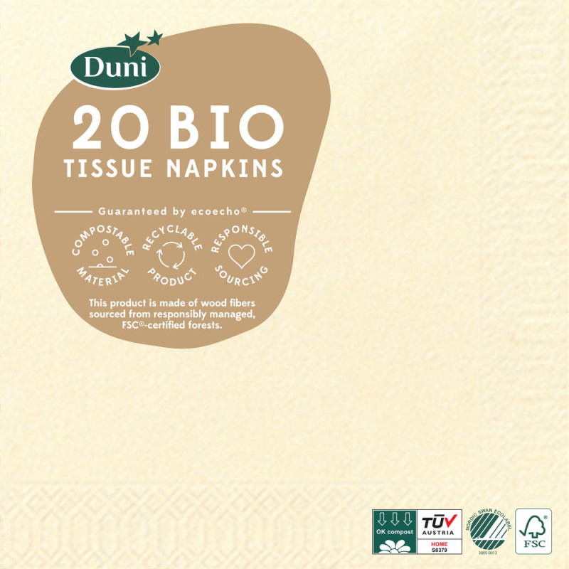 Serviette en tissu Bio 3 plis crème 24 x 24 cm 20 pièces DUNI