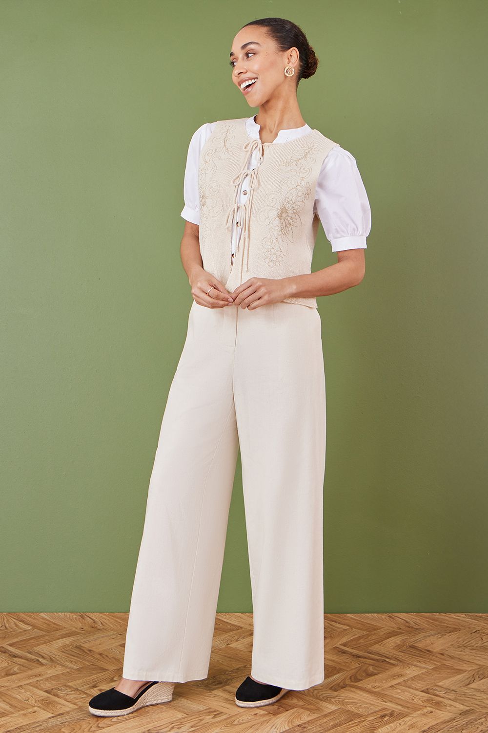 Yumi Beige Knitted Tie Front Waistcoat With Floral Details
