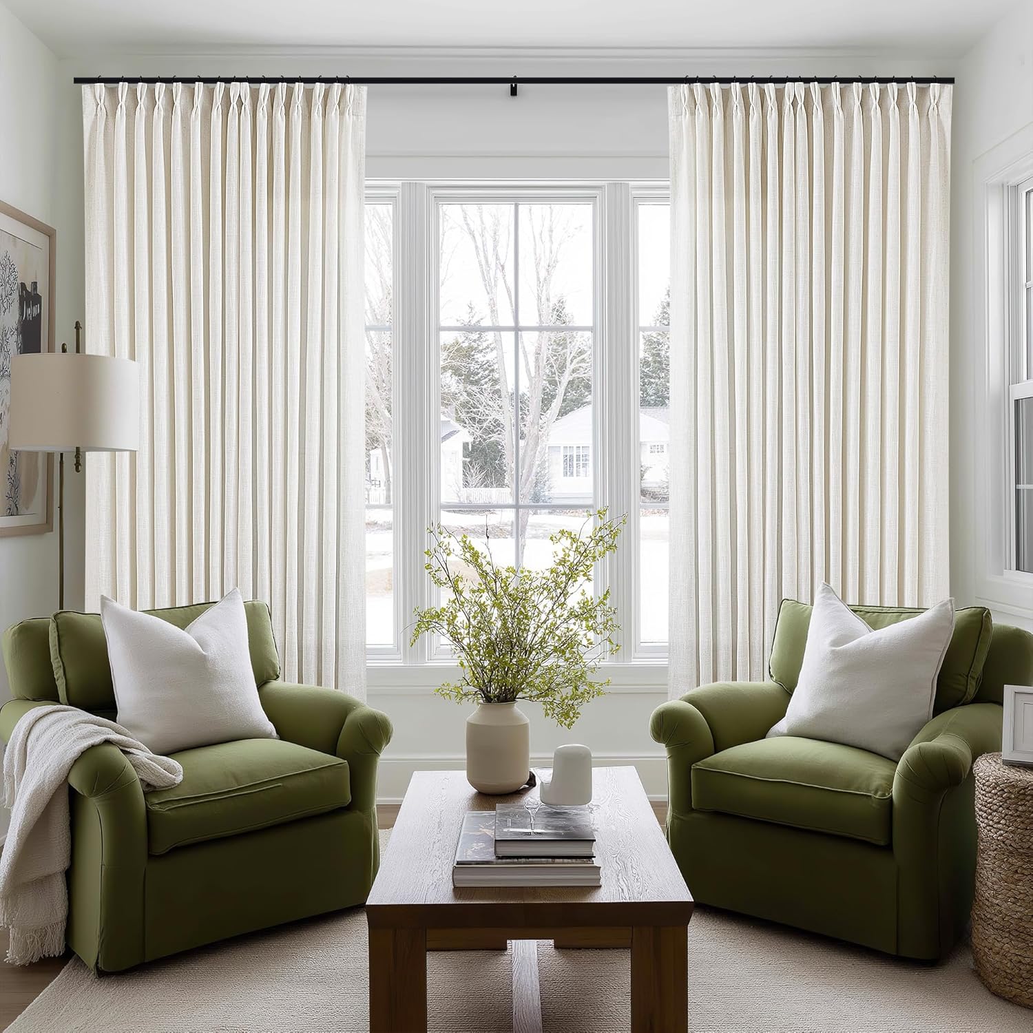 Extra Wide Pinch Pleat 100 x 102 Inch Linen Curtains for Living Room Cream Ivory Light Filtering Semi Sheer Pleated Curtains for Patio Glass Sliding Door Dining Bedroom Large Window 100x102 1 Panel