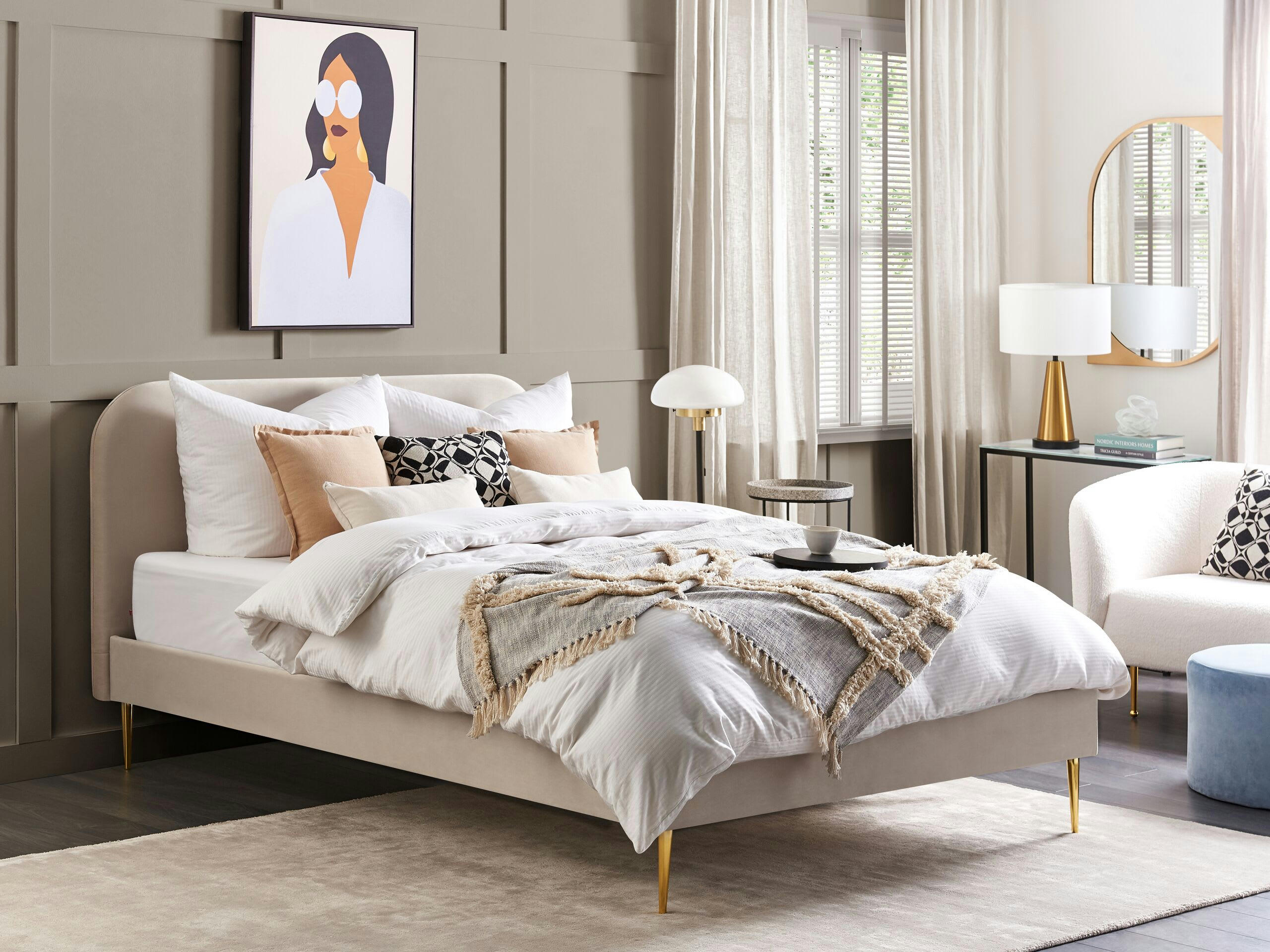 FLAYAT - Lit double en tissu beige 160x200