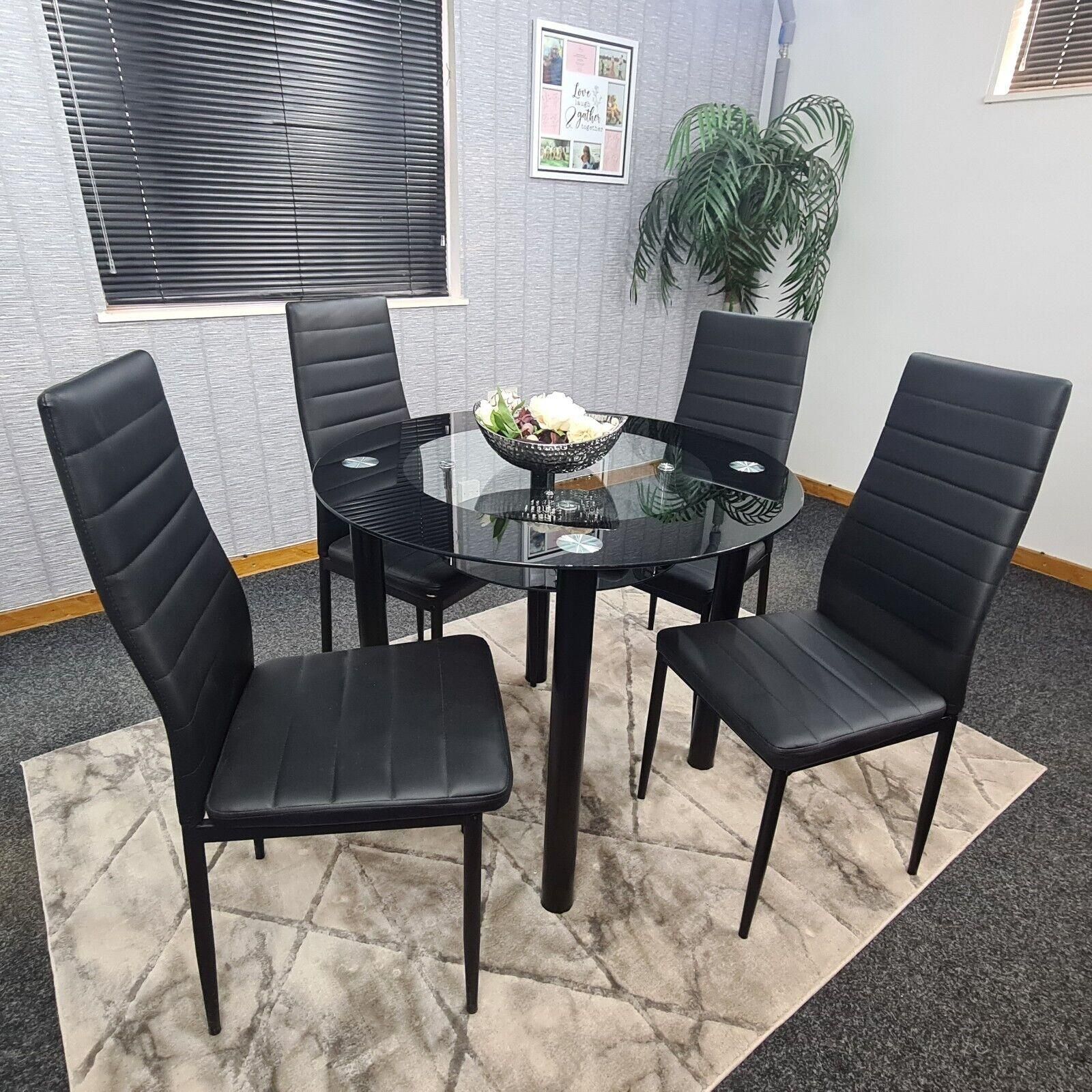 KOSY KOALA Round Black Glass Dining Table with 4 Black Chairs Modern Dining Room Furniture Set