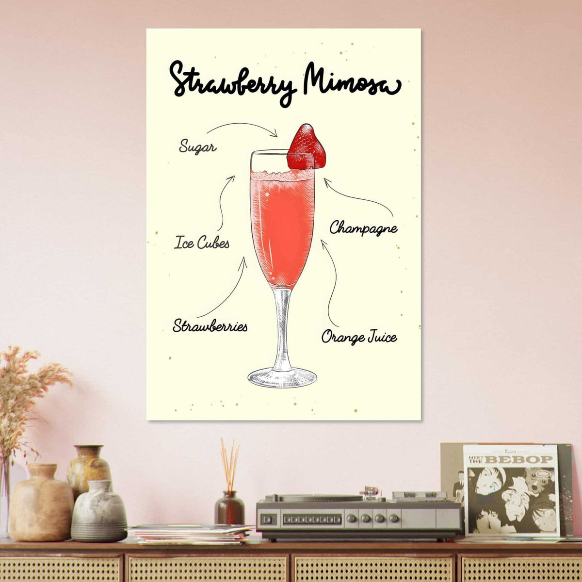 Artfulprints Strawberry Mimosa cocktail – Illustratie  poster 70x100 cm
