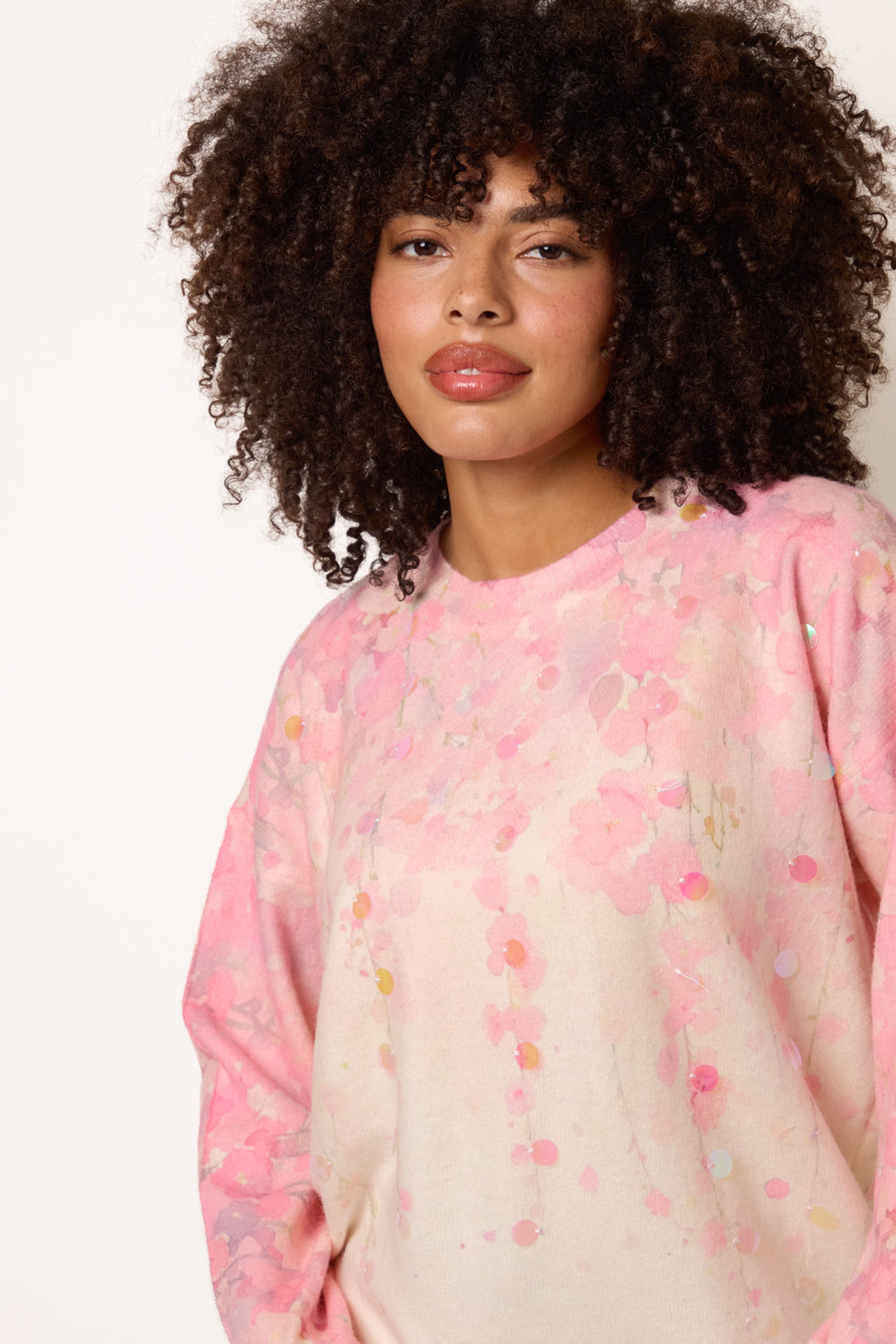 Blue Vanilla Pink Floral Printed Jumper with Disc Sequin Detailing