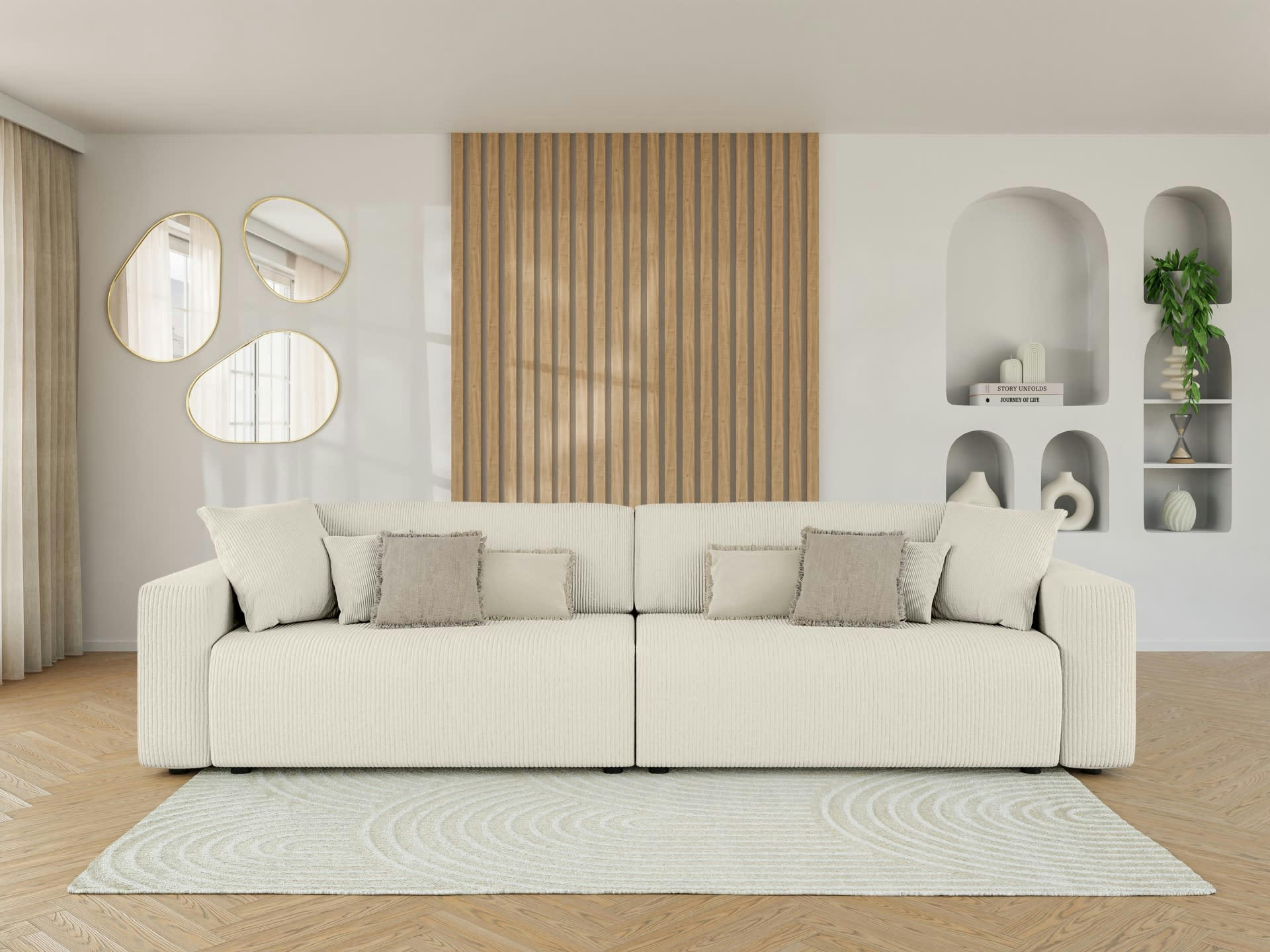 LEO - Canapé droit XL convertible en velours côtelé 5 places beige