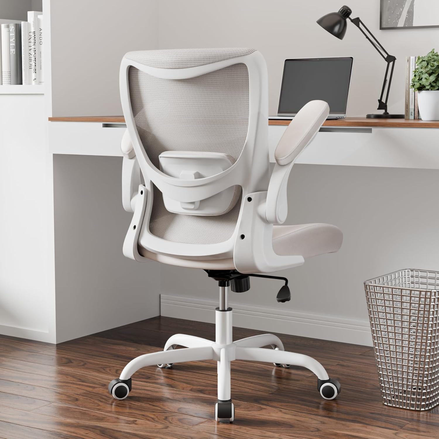 MUXX.STIL Office Chair, PU Leather Ergonomic Desk Chair with Adjustable Lumbar Support and Flip up Armrest, Breathable Mesh Computer Chair for Home Office, Khaki