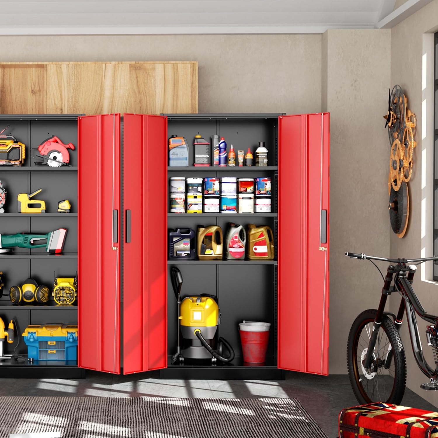 Greenvelly Metal Storage Cabinet, Steel Garage Cabinet with Doors and Adjustable Shelves, Metal Cabinet with Lock,Tall Metal Office Storage Cabinet for Garage,Home Office,School (Black Red)