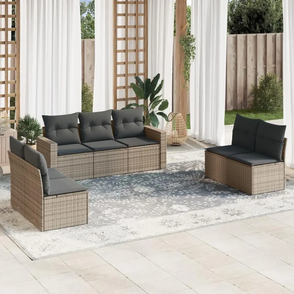 vidaXL Loungeset met 7 kussens - Grijs - Poly Rattan - 7 stuks