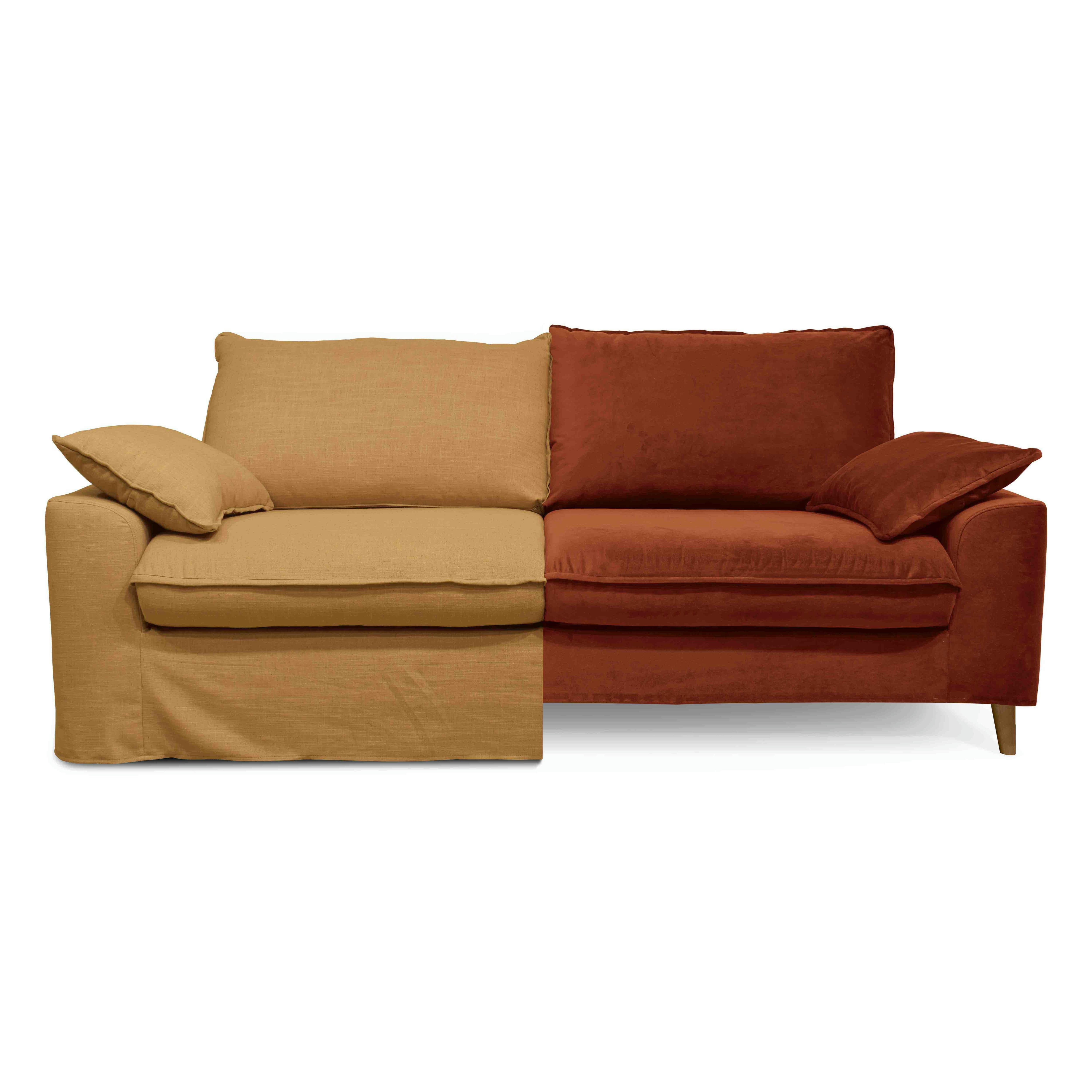 JAROD - Canapé tissu lin ocre avec une housse supplémentaire velours noisette