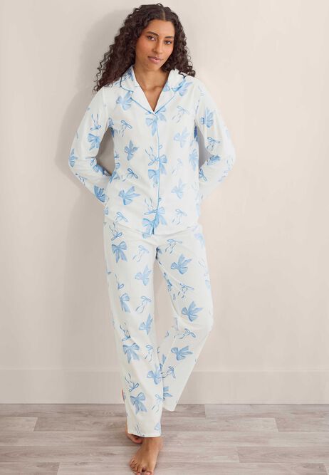 Womens Blue Bow Long Pyjama Set