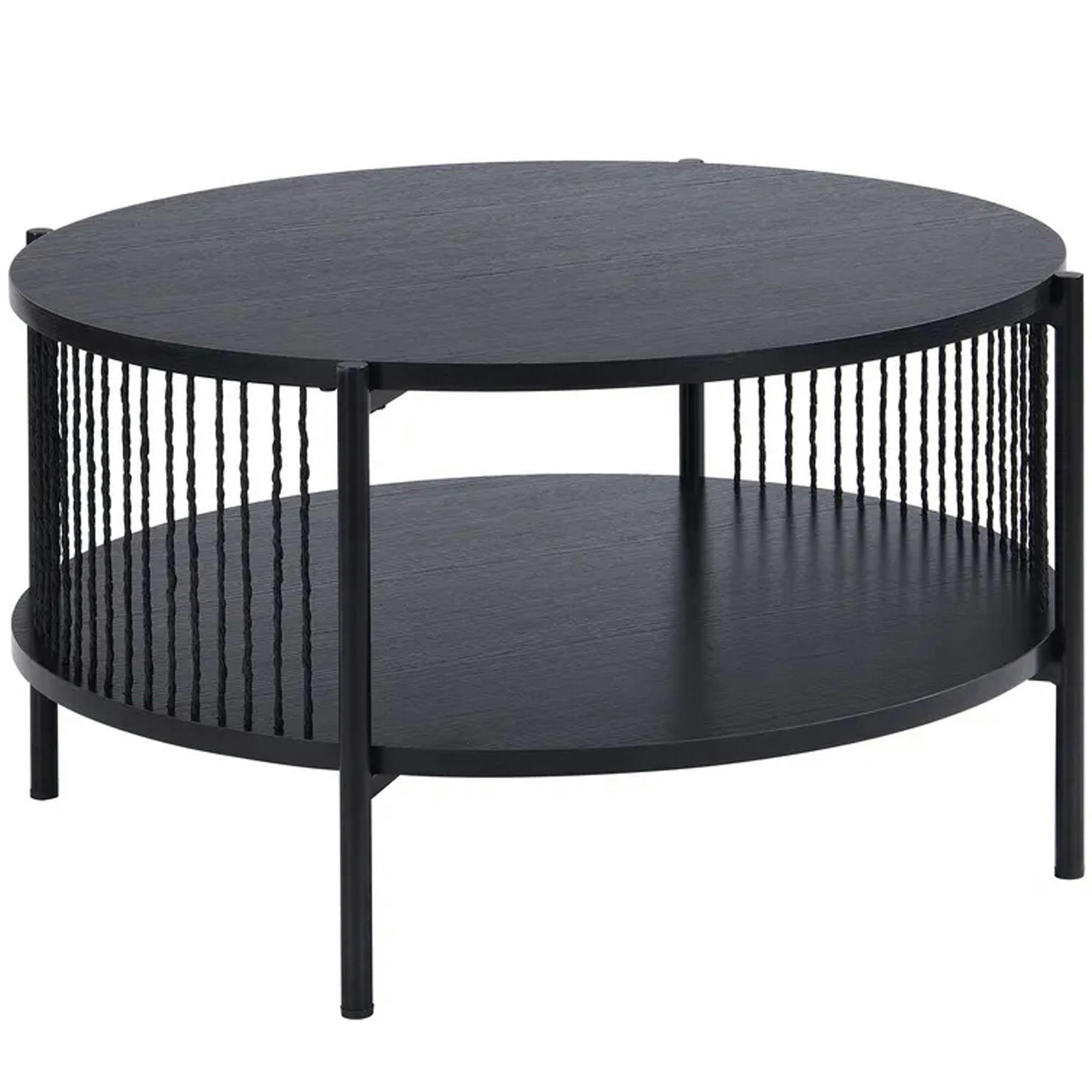 - Table basse noire en bois, métal et corde 74x74x41cm