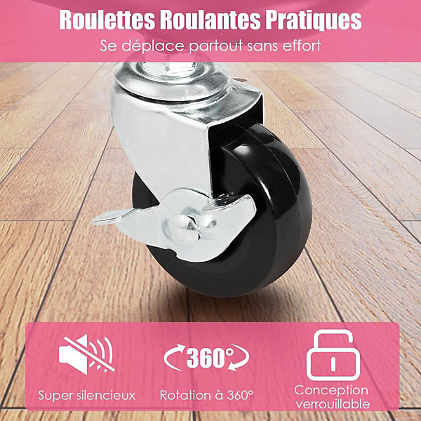 Chariot de Rangement avec 3 Paniers Ciselés 4 Roulettes Universelles 2 avec Frein Charge 20KG par Panier Rose