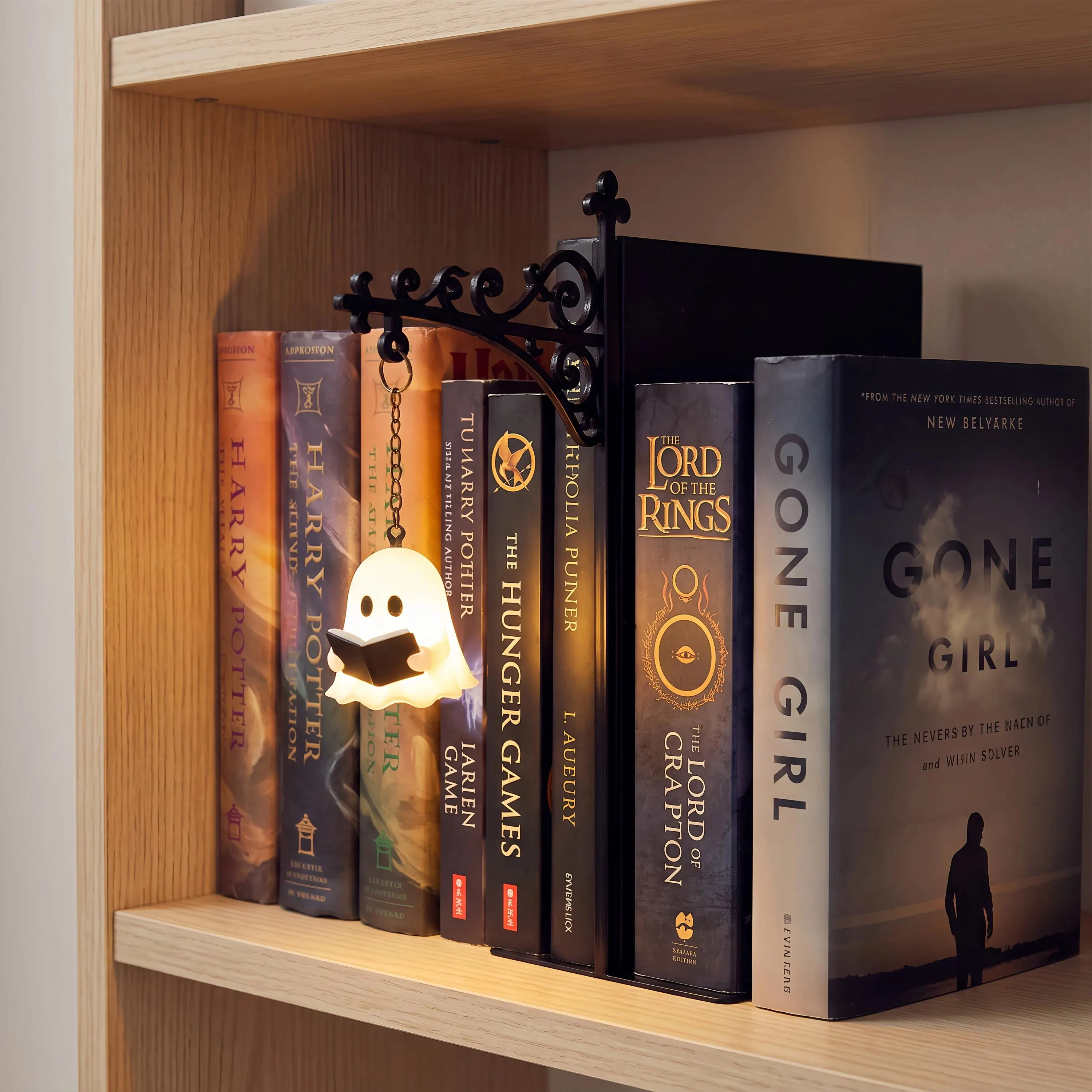 Gothic Victorian Hanging Bookend with Halloween Pumpkin Light – Vintage Scrollwork Iron Shelf Decor, No-Drill Ghost or Lamp Night Light,