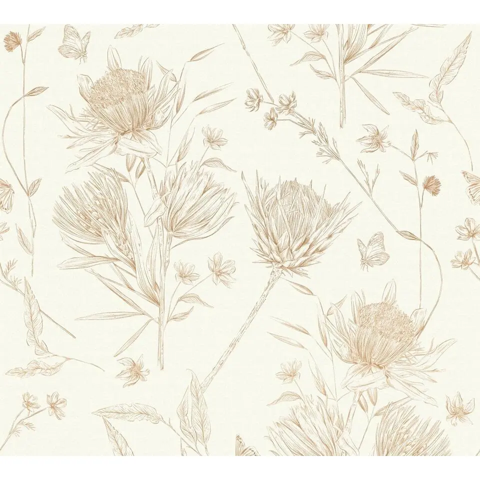 Livingwalls behang bloemen wit, bruin, beige en oranje - 53 cm x 10.05 m