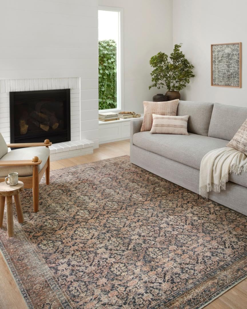 Loloi Amber Lewis Billie Collection, Ink & Salmon 7'-6 x 9'-6 Area Rug – Antique & Distressed Accent Rugs for Living Room, Bedroom, Entryway & Hallway, No Shed High Traffic Area Home Decor Rug