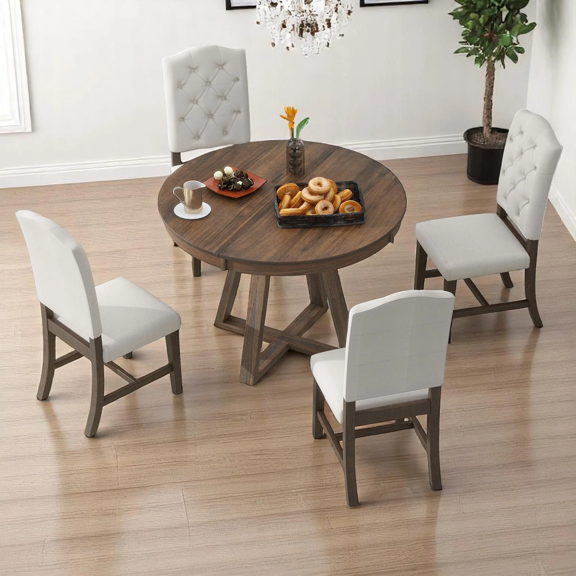 5-Piece Dining Table Set with 4 Upholstered Chairs, 16 Leaf Dining Table, Solid Wood & MDF, for Small Spaces and Dining Rooms