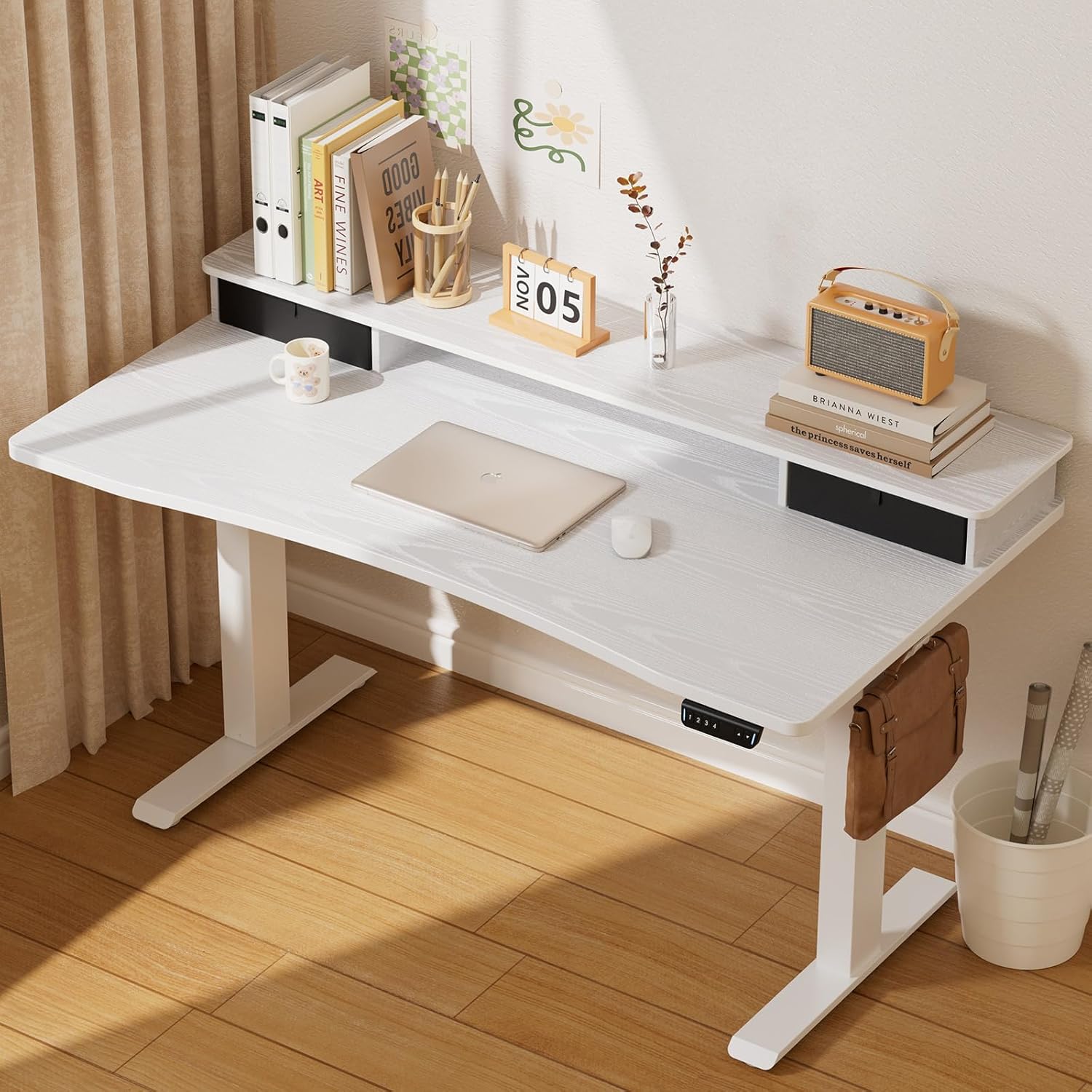 Veken 47.2×27.6 Home Office Standing Desk with Monitor Riser, Adjustable Computer Desk with Drawers, Ergonomic Desk for Work, Study, Gaming, Crafting, White