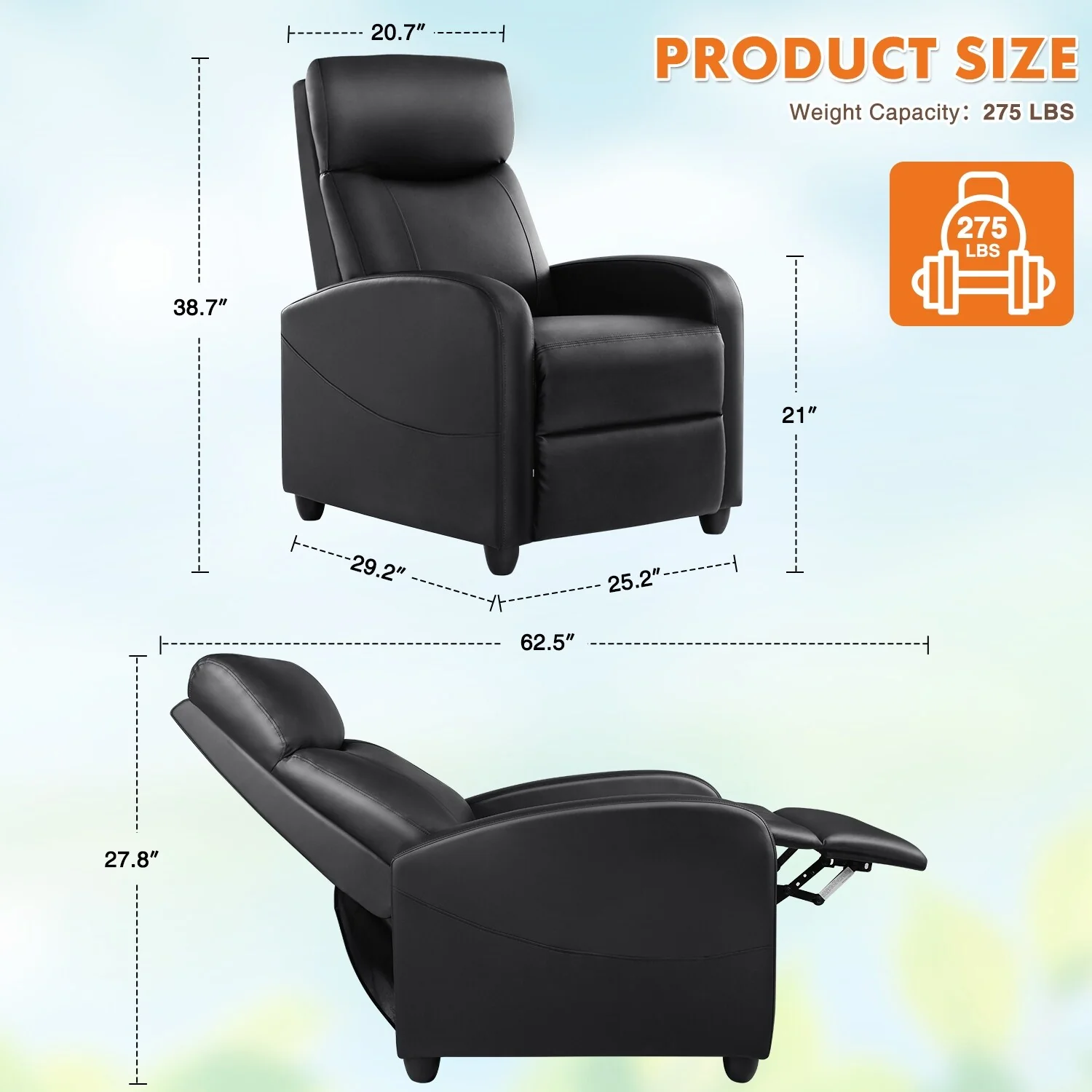 Black Adjustable Recliner with 8-Mode Massage, Lumbar Support, and Relaxation Features for Home Theater Use