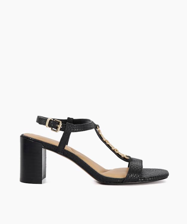 Josina Black - Leather Gold Chain Embellished T-Bar Sandals