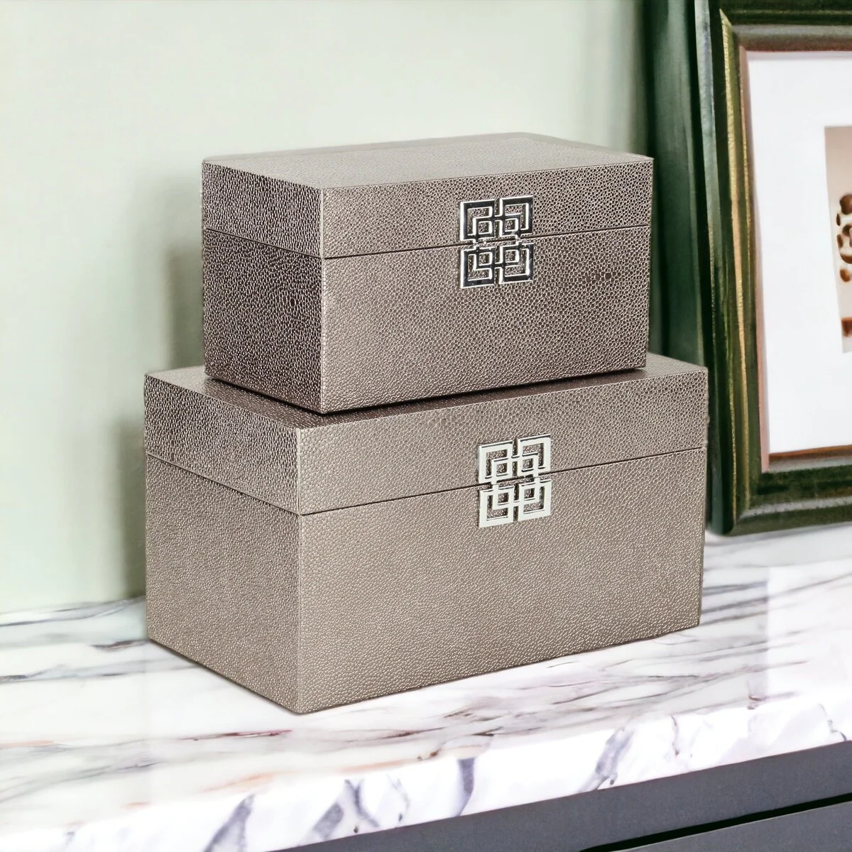 Galena White Shagreen Double Happiness Storage box Set of 2
