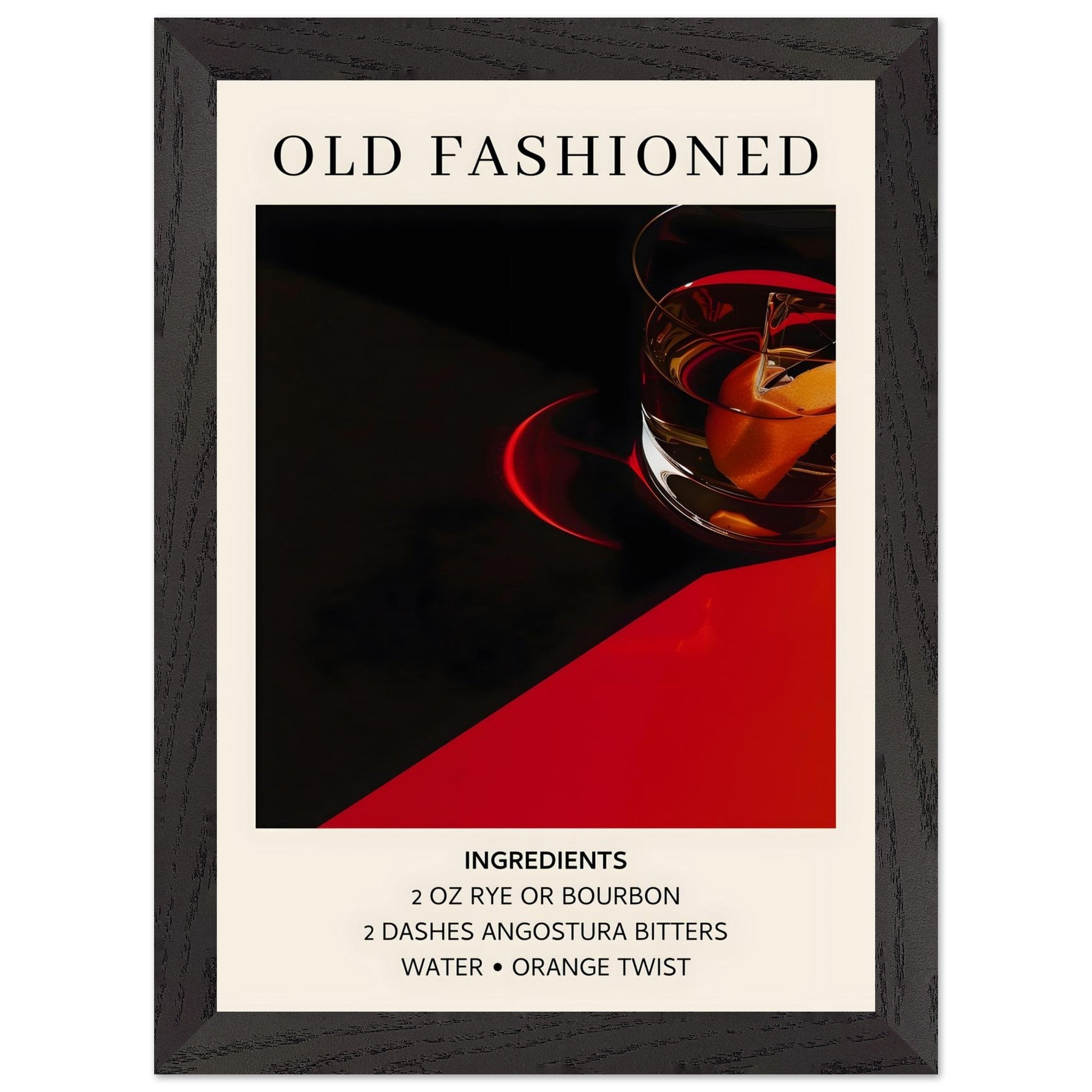 Artfulprints Poster met Lijst Old Fashioned cocktail - Ingrediënten  - A4 21x29.7 cm - Zwart