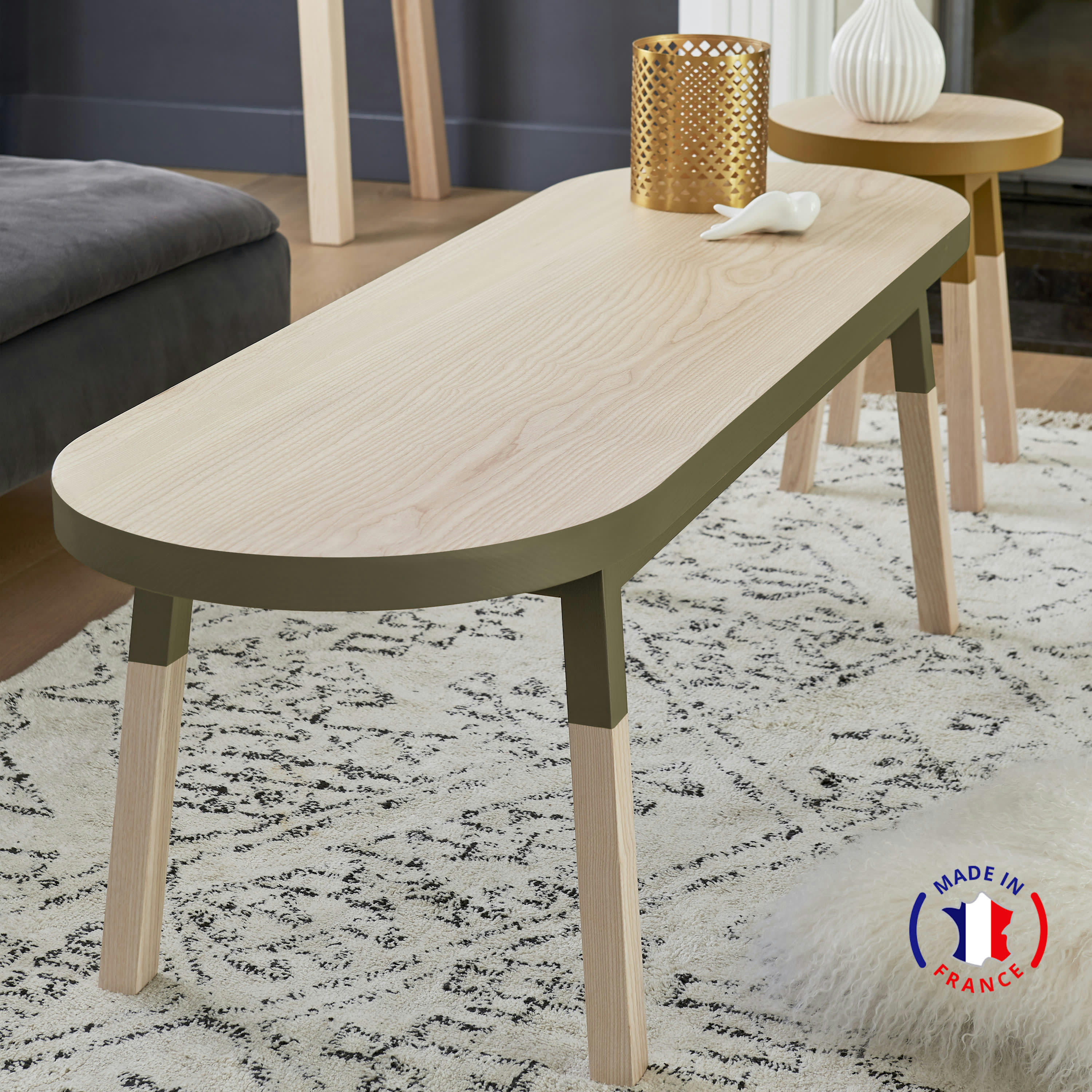 EGEE - Table basse banc 140 cm, 100% frêne massif vert lancieux