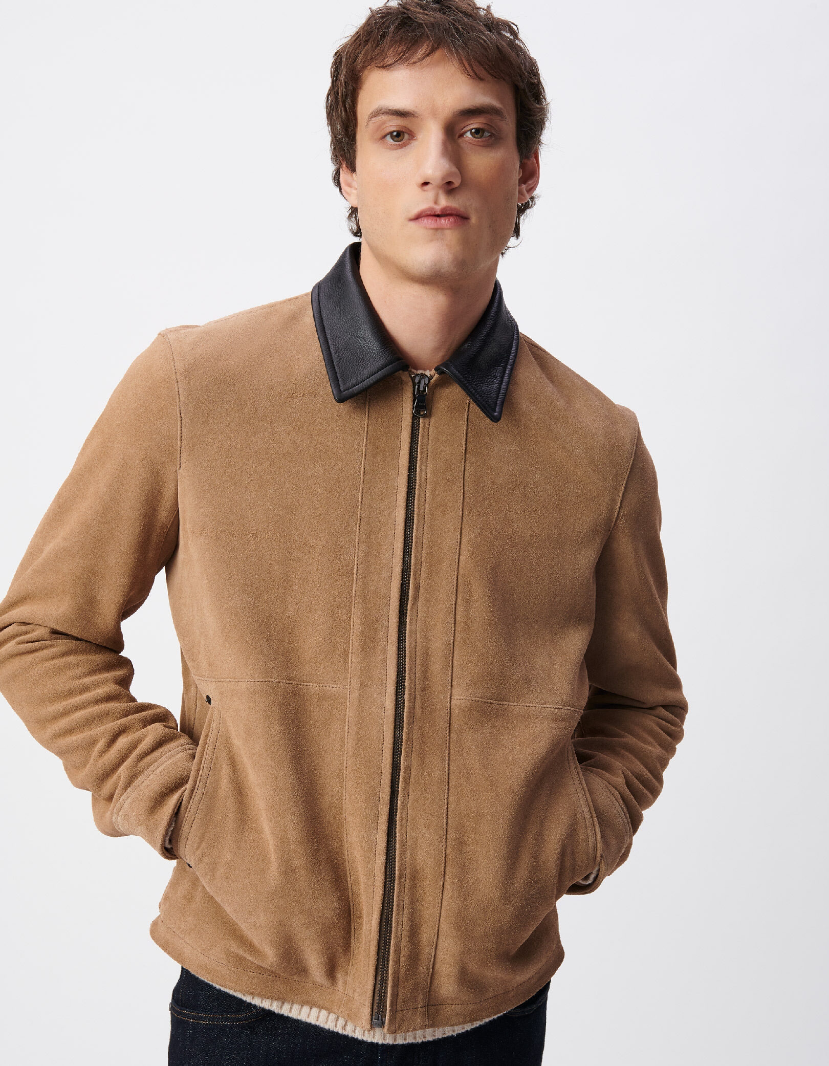 Blouson beige cuir velours col cuir noir Homme