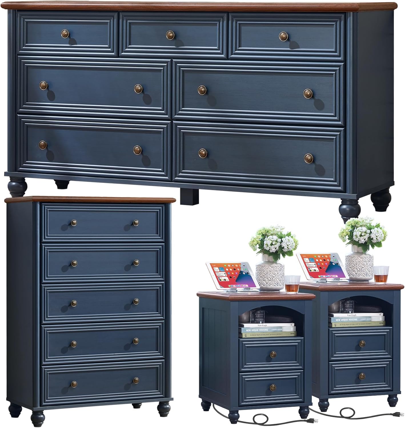 Farmhouse Dressers & Night Stand Set of 4, Wood 54 Wide Dresser & 45 Tall Chest of Drawers, 18 with Charging Station Nightstand Set of 2, Bedroom Furniture Dresser Set for Home Living Room Hallway