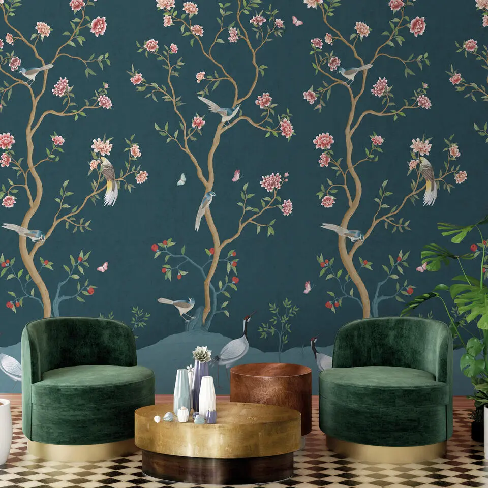 Sanders & Sanders fotobehang bloemen en vogels vergrijsd donker blauw