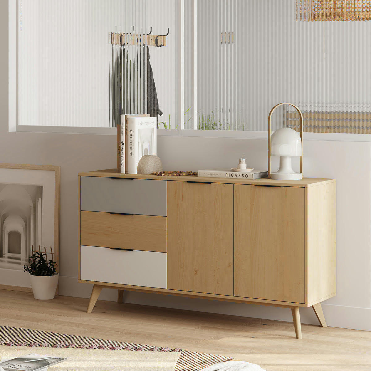 EDDY - Buffet 2 portes 3 tiroirs en pin massif blanc/gris/effet chêne 140 cm