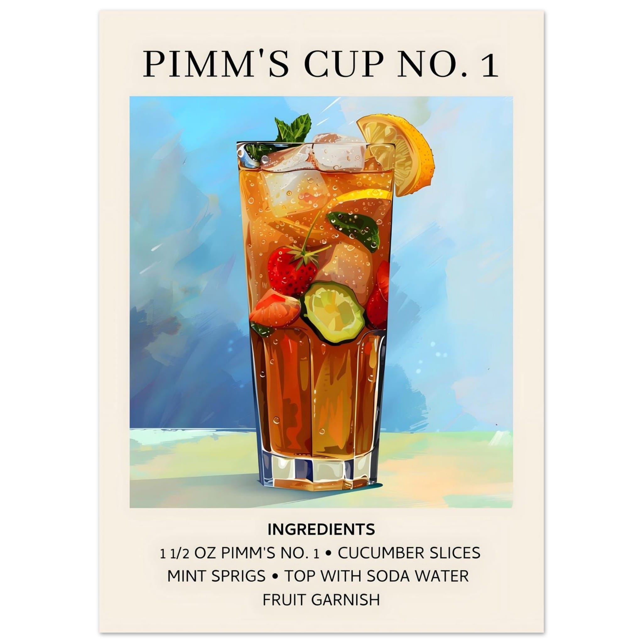 Artfulprints Poster Pimm's Cup No. 1 cocktail - Ingrediënten  - 50x70 cm - Blauw