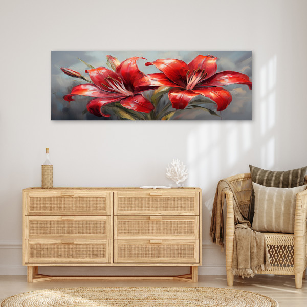 Feeby Obraz na płótnie, Lilie Czerwone Kwiaty Rośliny Natura 90x30