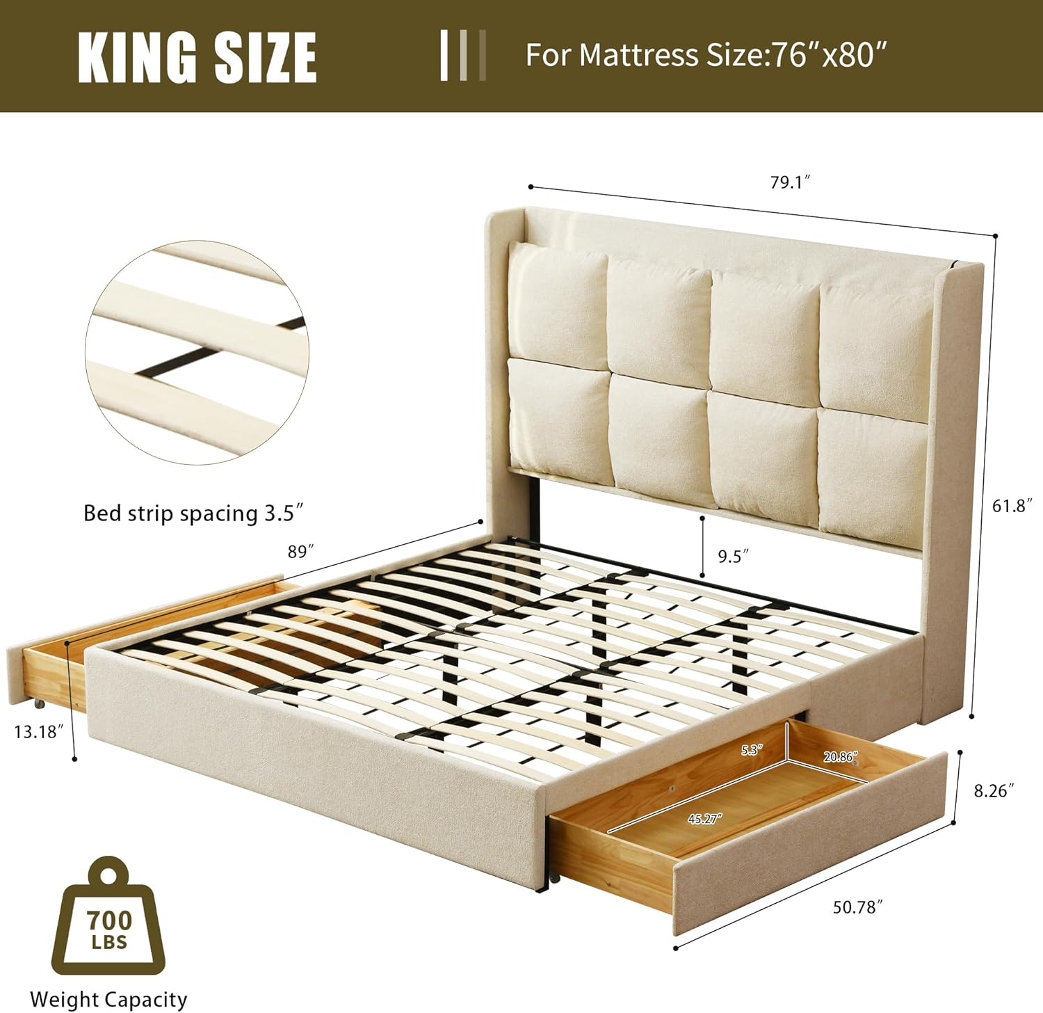 PINJU King Size Bed Frame with Storage Drawers with Linen Upholstery, Extra High Headboard, Wooden Slat Support, No Noise, Easy to Assemble (Cream, King (U.S. Standard))