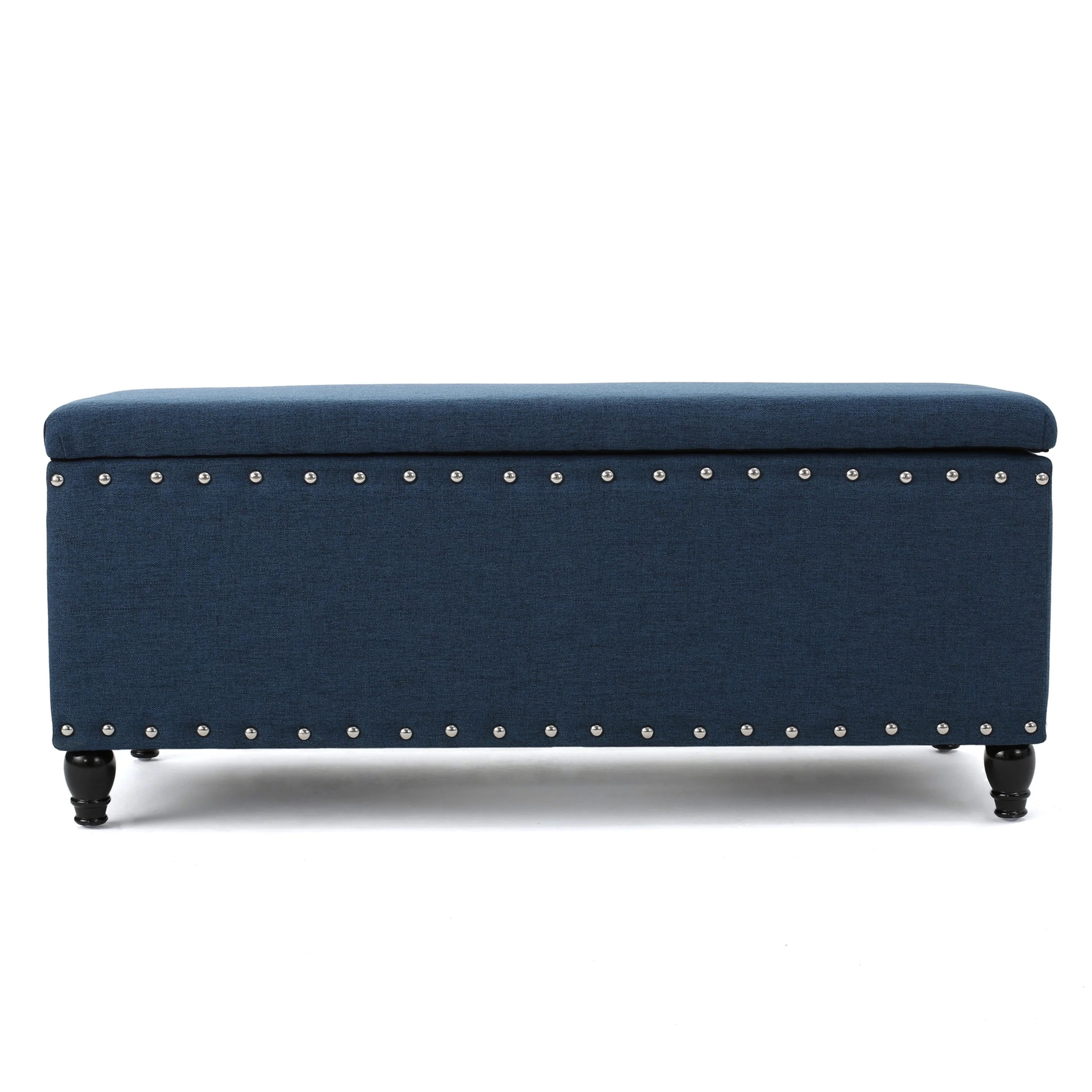 Sharon Storage Ottoman Bench, Navy Blue Fabric, Nailhead Trim, 42 Inch