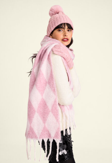 Womens Pink Argyle Check Fringed Scarf