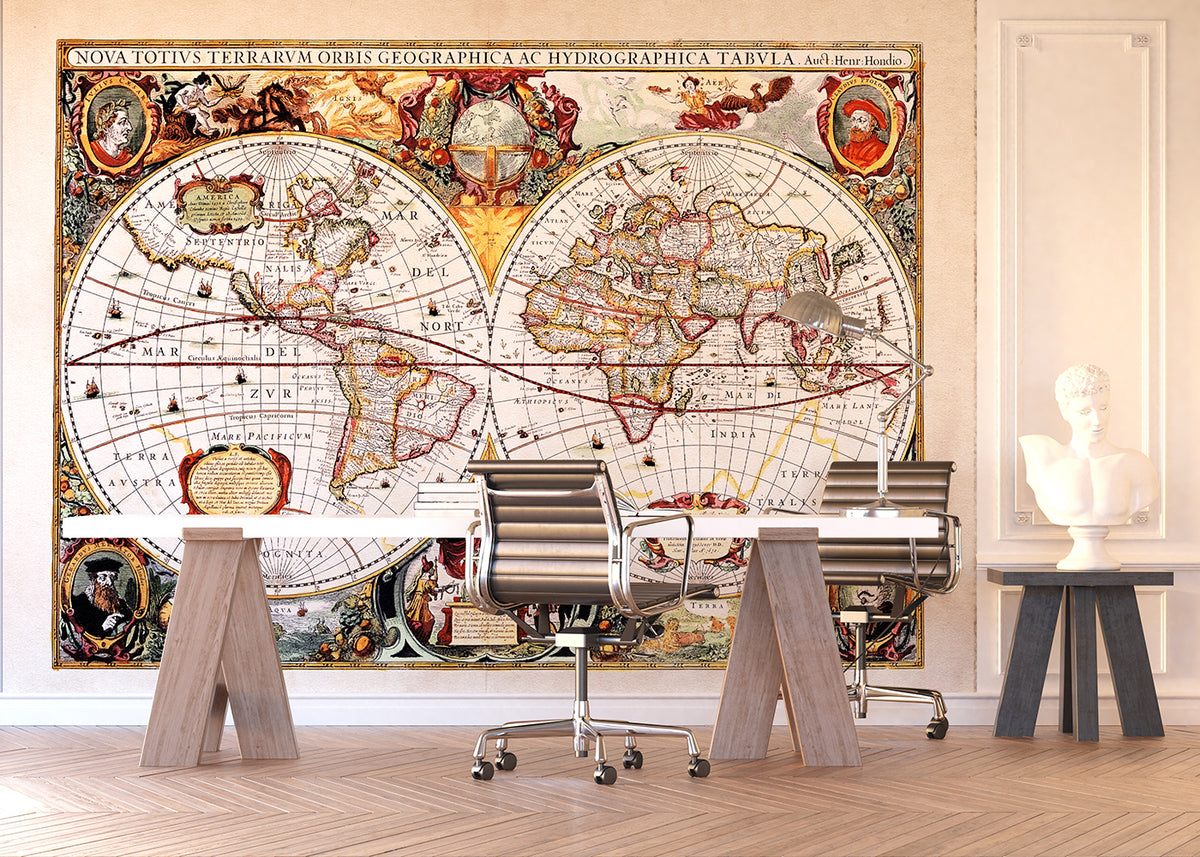 Sanders & Sanders fotobehang vintage wereldkaart beige, rood en geel - 375 x 270 cm - 600455