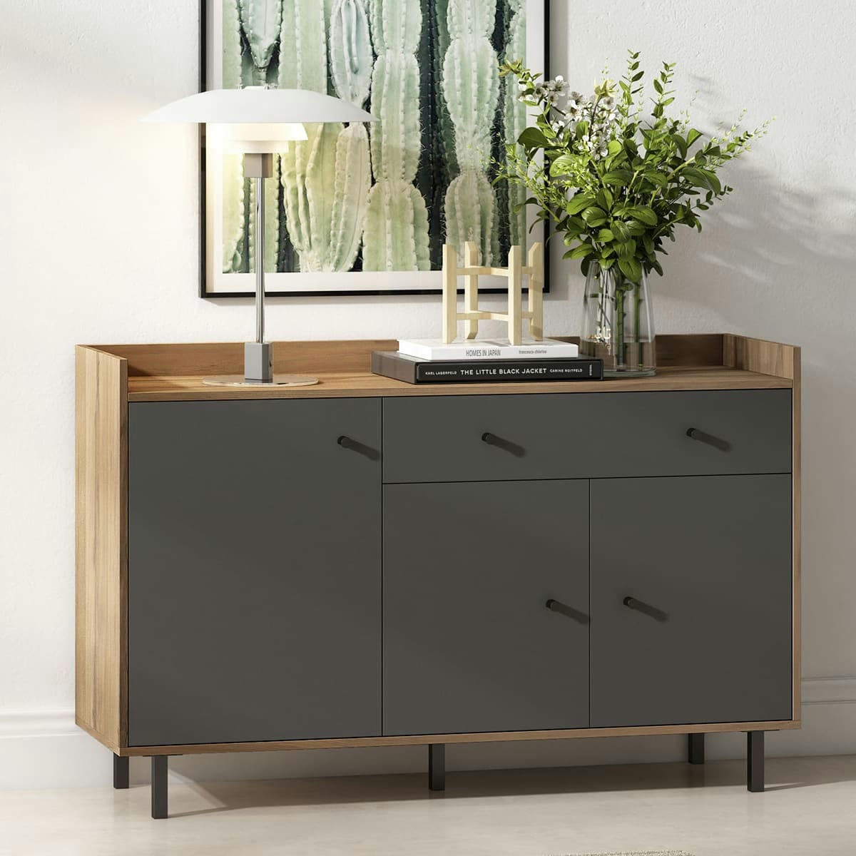 AURELIA - Buffet 3 portes 1 tiroir gris anthracite et effet bois 136 cm