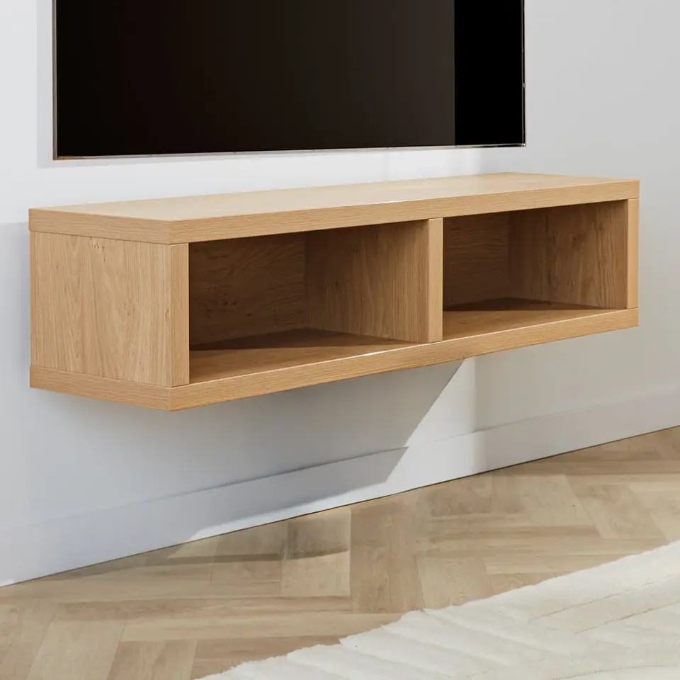 Zwevend tv-meubel met open vakken Bernie rustiek eiken 125x30x35 cm Melamine