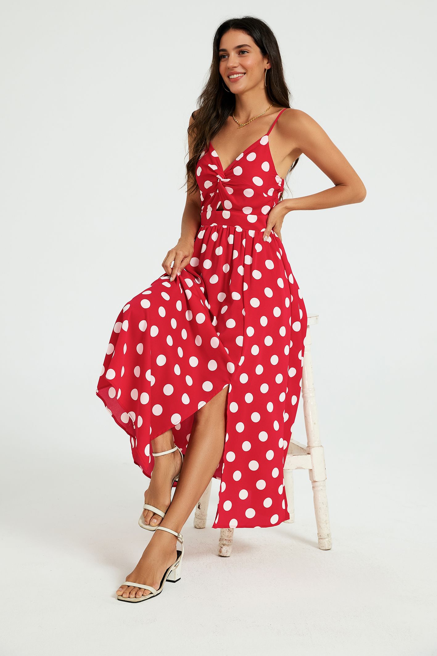 FS Collection Polka Dot Twist Front Strappy Midi Dress