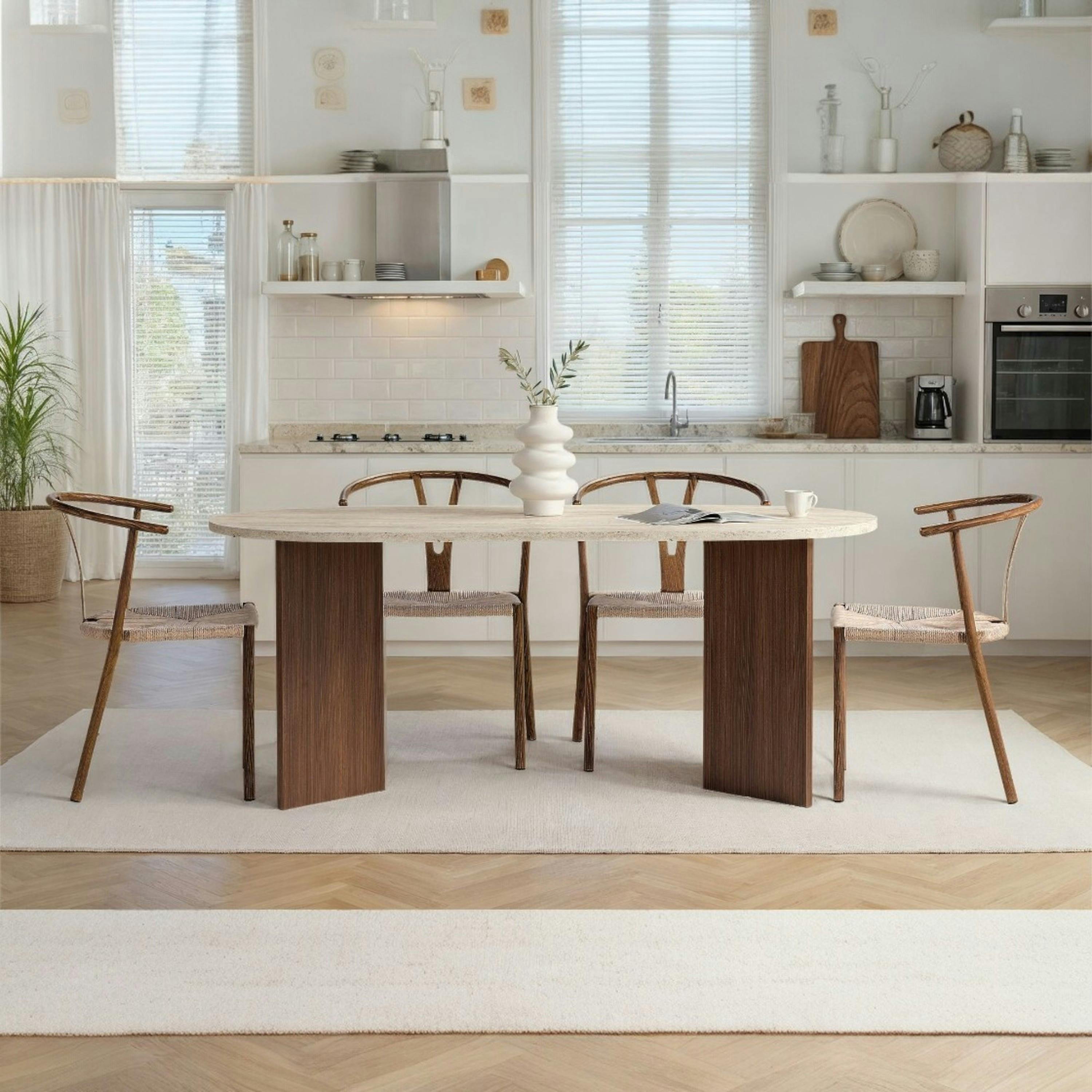 Table ovale effet travertin et bois foncé 180 cm MARFA