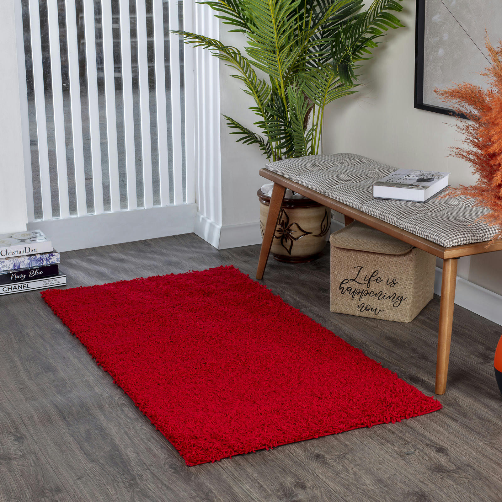 LILLY - Tapis de Couloir Shaggy Uni Chic Rouge 80x150