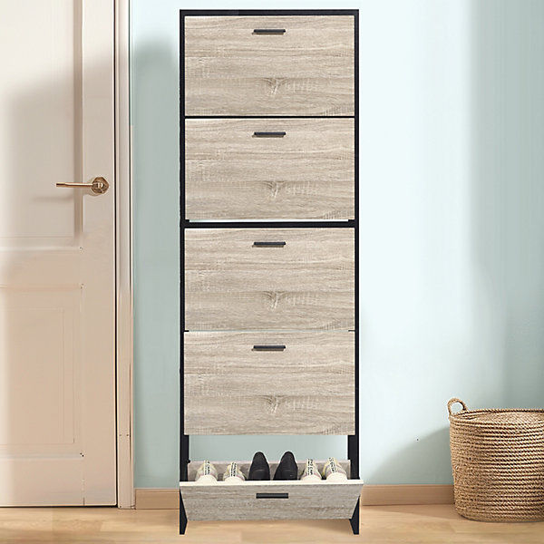 CASABEL Meuble de Rangement à Chaussure 15 Paires - Armoire Etagere Grande Capacité pour Entree, L60xP17xH180 cm - Noir Bois Clair
