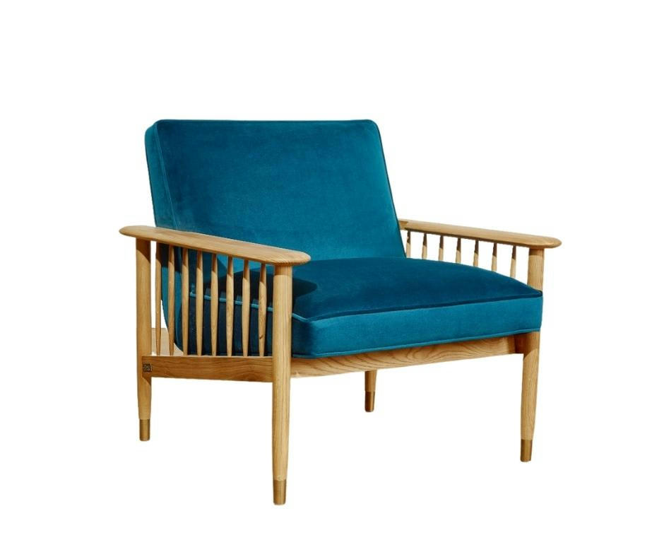 ALBERTINE - Fauteuil en chêne et velours ton turquoise