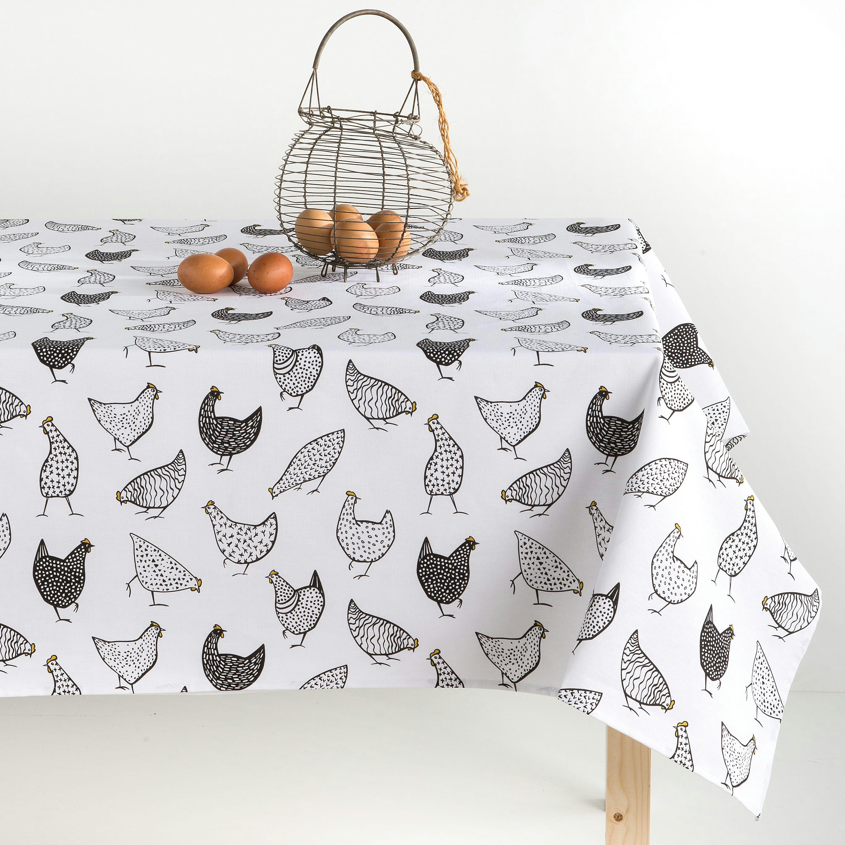 ABIGAIL NEGRO - Nappe en coton biologique antitâche imprimée poules 140x100 cm