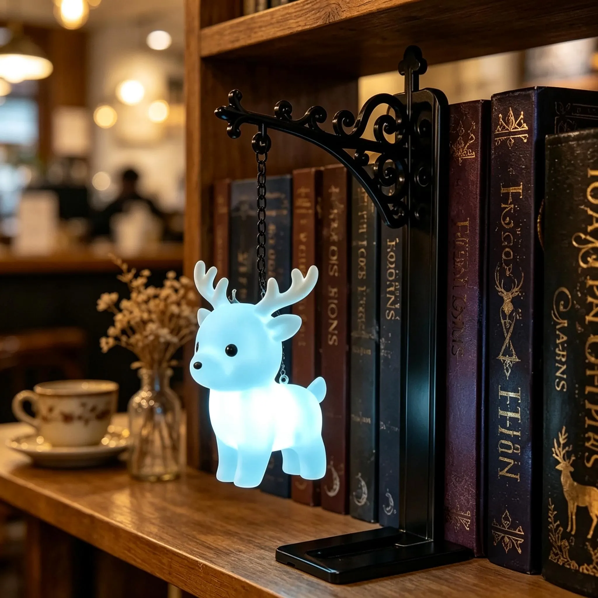 Magical Hanging Animal LED Night Light, Ornate Wrought Iron Bookend, Owl Deer Figurine, Cozy Reading Nook Decor, Unique Gift for Book Lovers