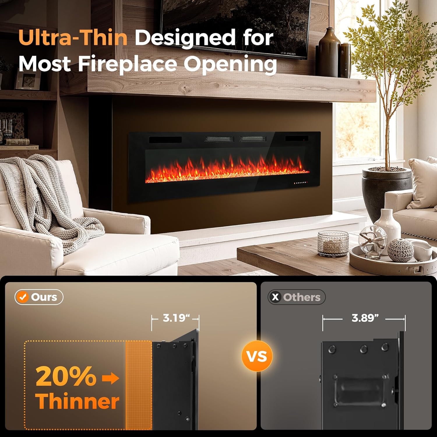 GREEN PARTY 72 Electric Fireplace Recessed/Wall Mounted Ultrathin 3.2 Fireplace Heater, Low Noise Linear Fireplace with Remote Control/Touch Screen, 8hrs Timer, Adjustable Flame & Bed Colors & Speed