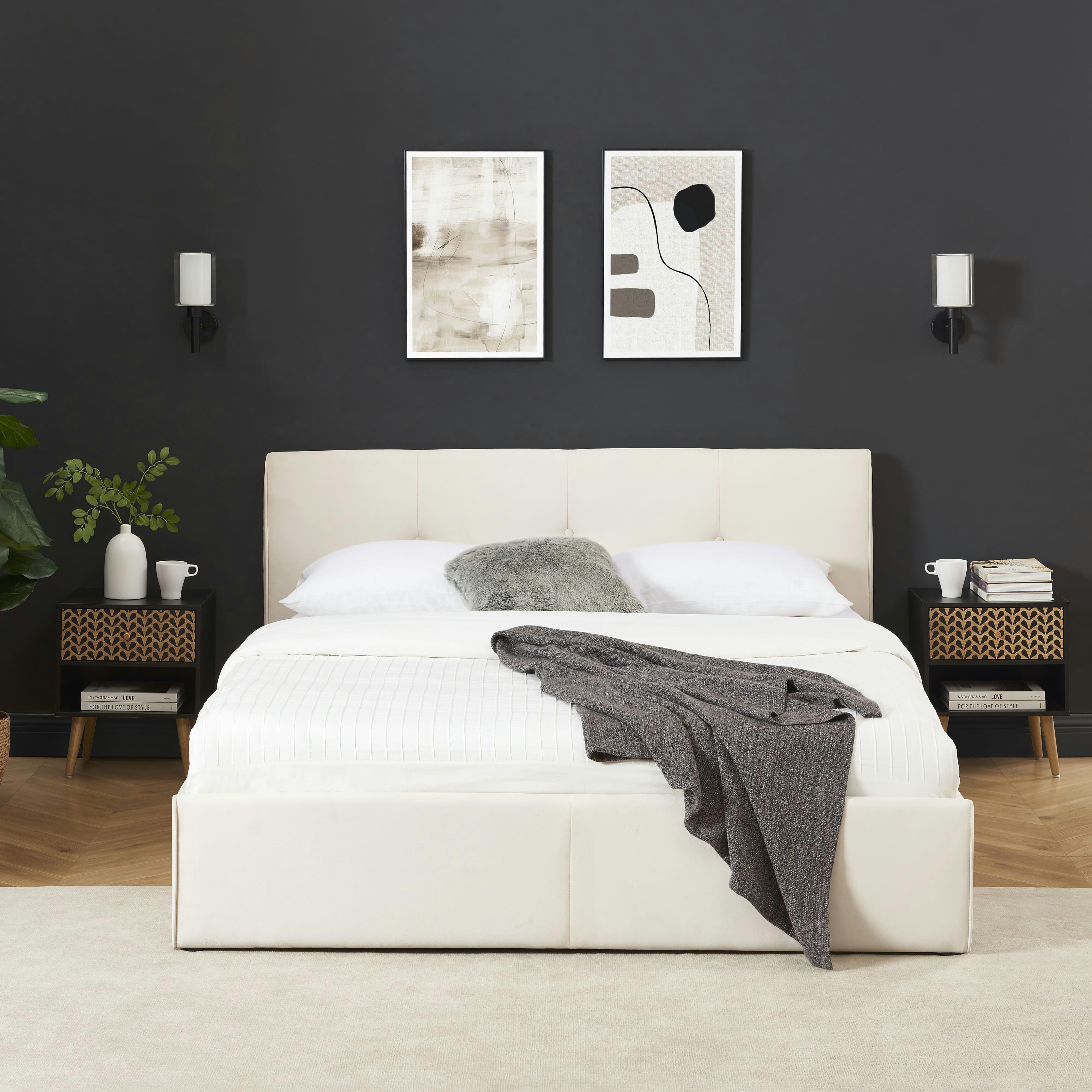SEGURO - Lit coffre  velours beige crème 160x200 sommier inclus
