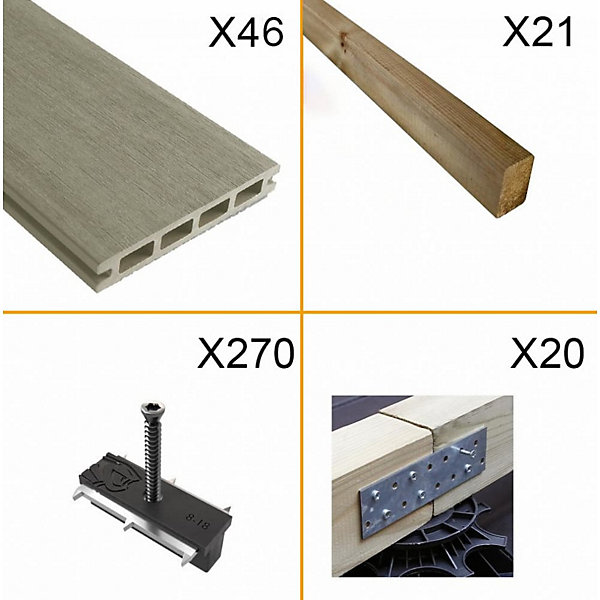 Kit Terrasse Composite NAVIA 15m² - Gris Clair - 46 Lames de Terrasse (220 x 14.5 x 2.2 cm) - Fixation par Clips - Terrasse