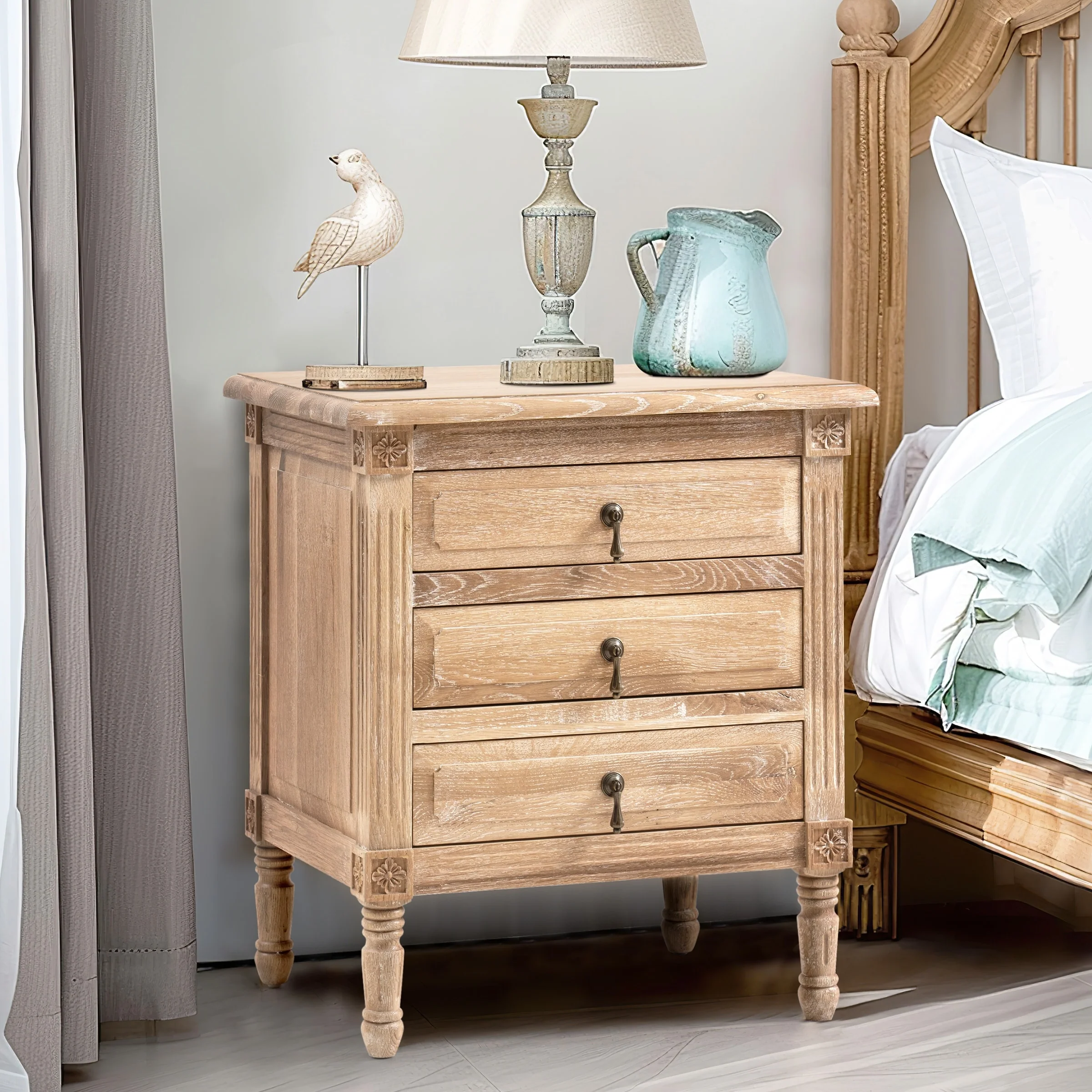 Pellebant 3-drawer Oak Wooden Nightstand Bedside Table